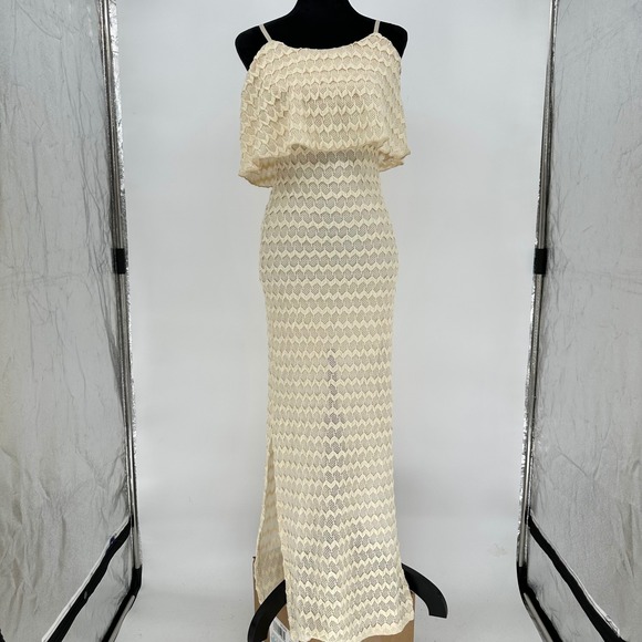 Y2K Body Central Cream Crochet Maxi Dress Beach Sheer Ruffle Sleeveless Medium‎